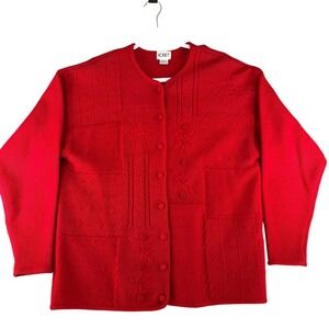 Koret Red 100% Wool Cardigan Sweater Patchwork Floral Embroidered Women Large